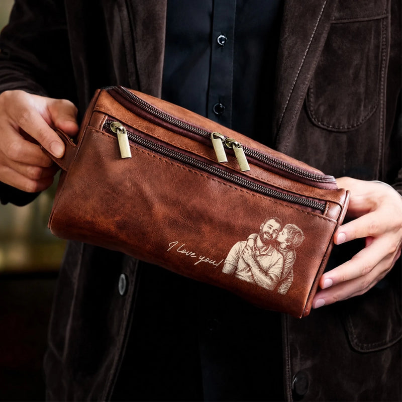 Custom Photo Leather Toiletry Bag - Personalized Father's Day Birthday Gifts For Dad, Grandpa - Dad Makes Every Day Better