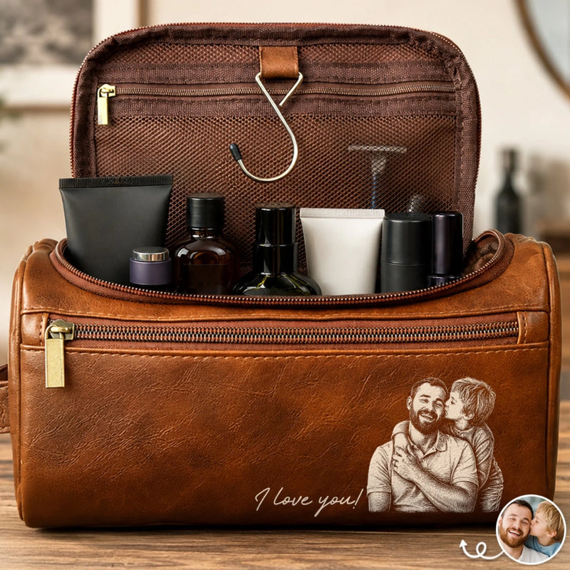 Custom Photo Leather Toiletry Bag - Personalized Father's Day Birthday Gifts For Dad, Grandpa - Dad Makes Every Day Better
