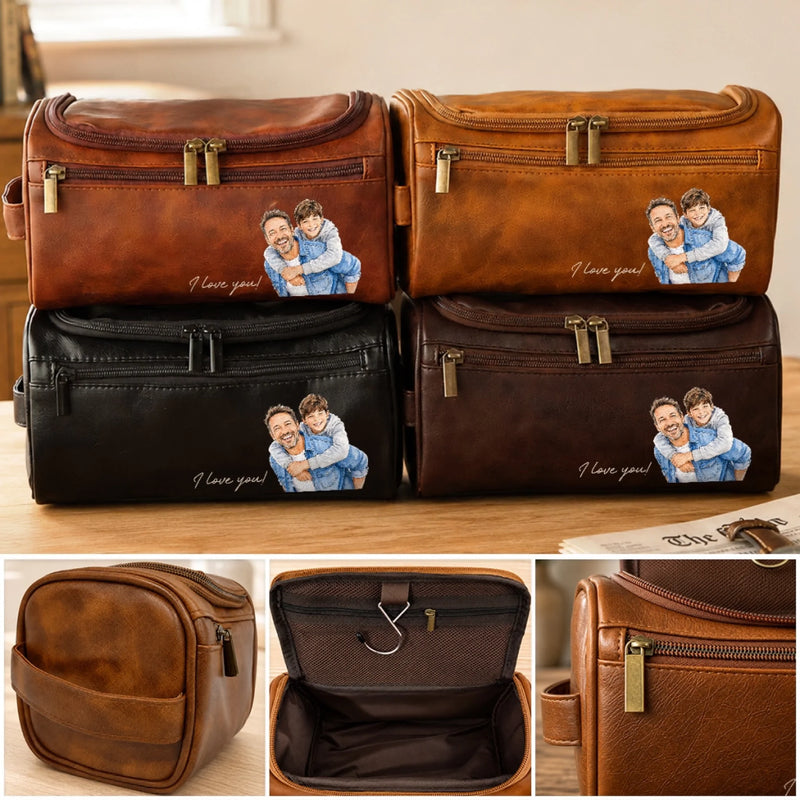 Custom Photo Leather Toiletry Bag - Personalized Father's Day Birthday Gifts For Dad, Grandpa - Forever Proud To Call You Dad