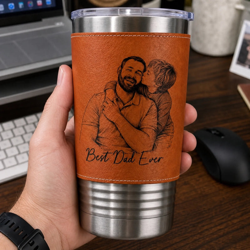 Custom Photo Printed Leather Tumbler - Personalized Father's Day Birthday Gifts For Dad, Grandpa - Faith Family Fatherhood