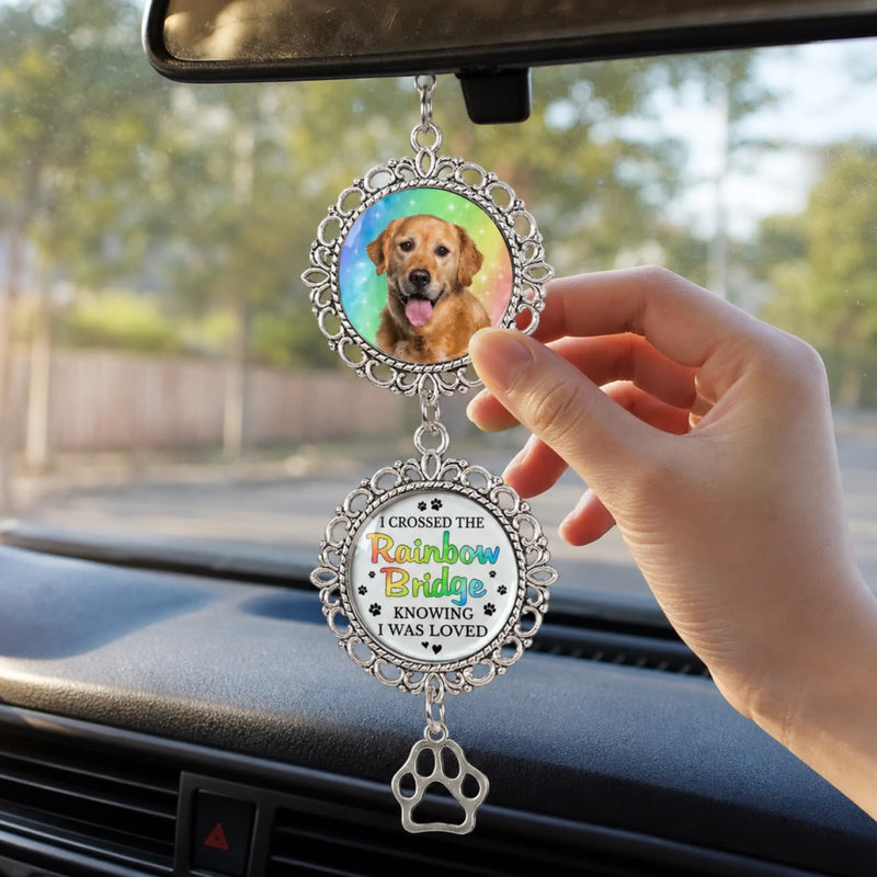 Custom Photo A Piece Of My Heart Is At The Rainbow Bridge - Memorial Personalized Custom Metal Car Hanging Ornament With Charm - Sympathy Gift For Pet Owners, Pet Lovers