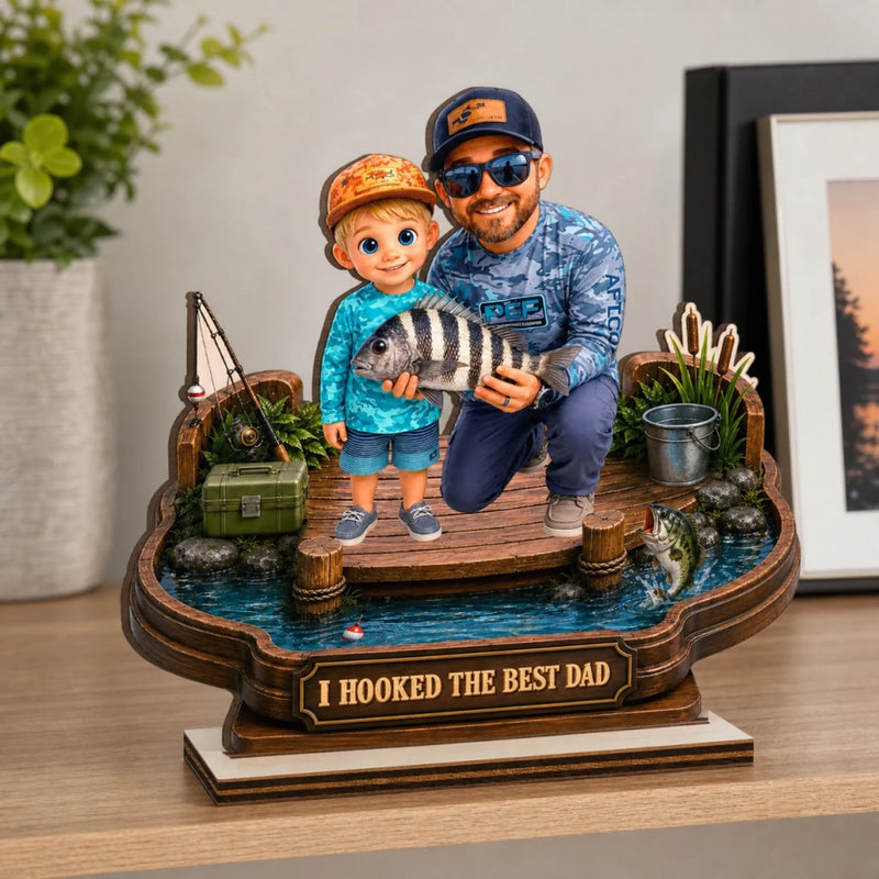 Custom Photo 2-Layered Wooden Plaque - Personalized Father's Day Fishing Gifts For Fisherman, Dad, Grandpa - Hooked On Family Time