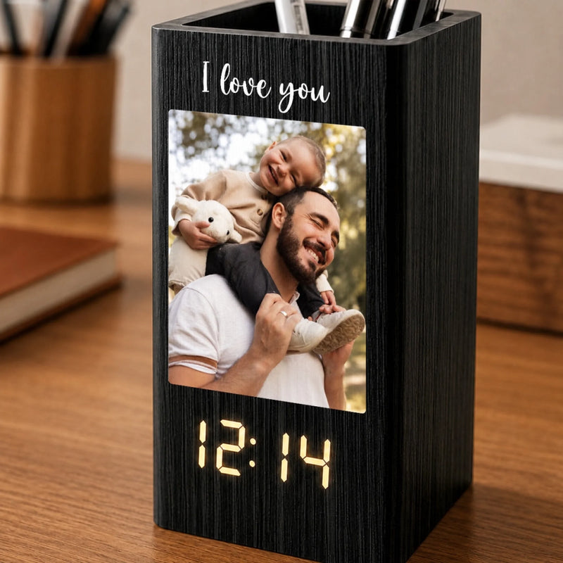 Custom Photo Pen Holder With Clock – Personalized Father's Day Birthday Gifts For Dad, Grandpa – Loved Guided And Inspired By Dad