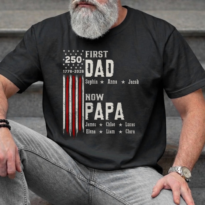 Custom T-shirt, Hoodie – Personalized Father's Day America 250th Anniversary Gifts For Dad, Grandpa – Started As Dad, Promoted To Grandpa