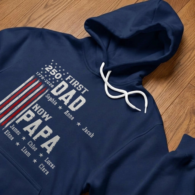 Custom T-shirt, Hoodie – Personalized Father's Day America 250th Anniversary Gifts For Dad, Grandpa – Started As Dad, Promoted To Grandpa