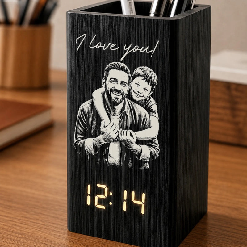 Custom Photo Pen Holder With Clock - Personalized Father's Day Birthday Gifts For Dad, Grandpa - Dad Makes Life Extraordinary