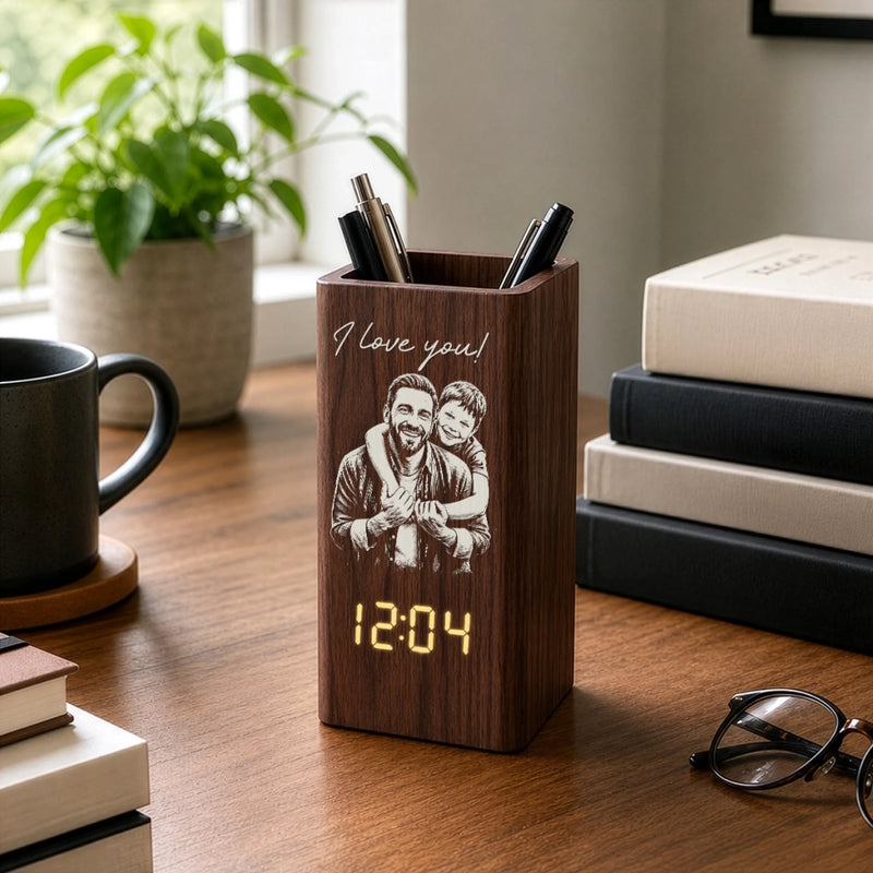 Custom Photo Pen Holder With Clock - Personalized Father's Day Birthday Gifts For Dad, Grandpa - Dad Makes Life Extraordinary