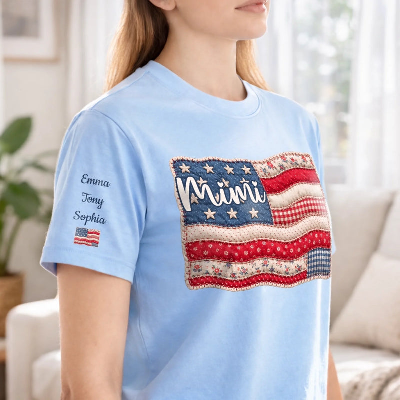 Custom Unisex T-Shirt With Design On Sleeve - Personalized 4th Of July Gifts For Mom, Grandma - American Pride, Grandma's Heart