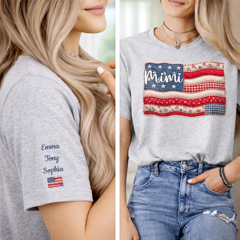 Custom Unisex T-Shirt With Design On Sleeve - Personalized 4th Of July Gifts For Mom, Grandma - American Pride, Grandma's Heart