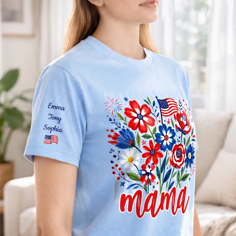 Custom Unisex T-Shirt With Design On Sleeve - Personalized 4th Of July Gifts For Mom, Grandma - Red, White And Blooming Love