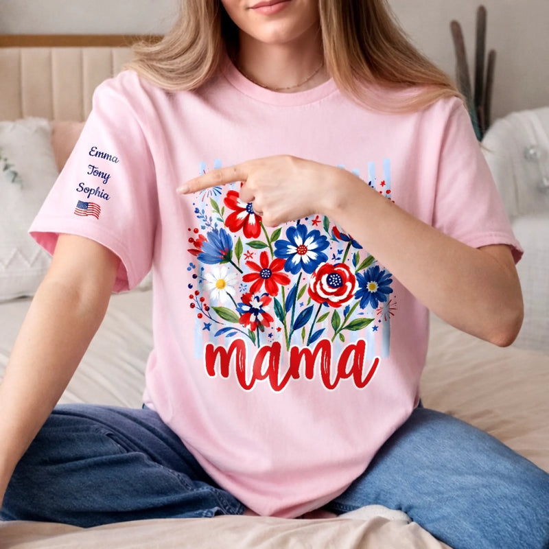 Custom Unisex T-Shirt With Design On Sleeve - Personalized 4th Of July Gifts For Mom, Grandma - Red, White And Blooming Love