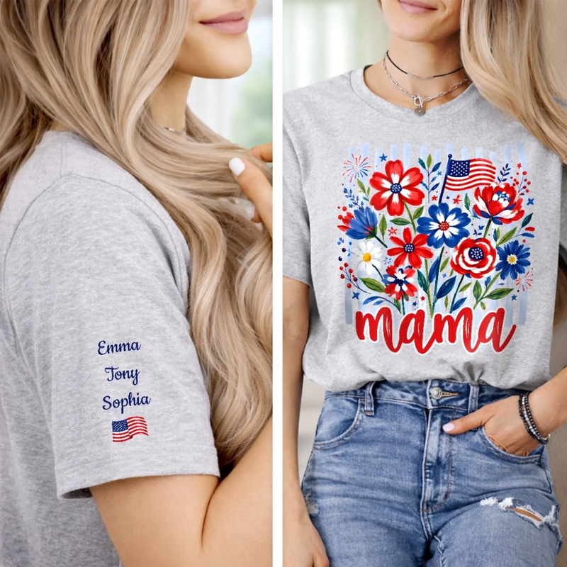 Custom Unisex T-Shirt With Design On Sleeve - Personalized 4th Of July Gifts For Mom, Grandma - Red, White And Blooming Love