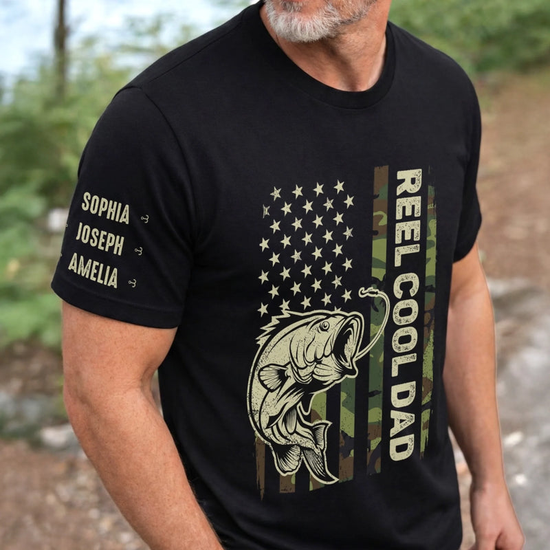 Custom Unisex T-Shirt With Design On Sleeve - Personalized Father's Day Fishing Gifts For Fisherman, Dad, Grandpa - Best Dad In The Reel World