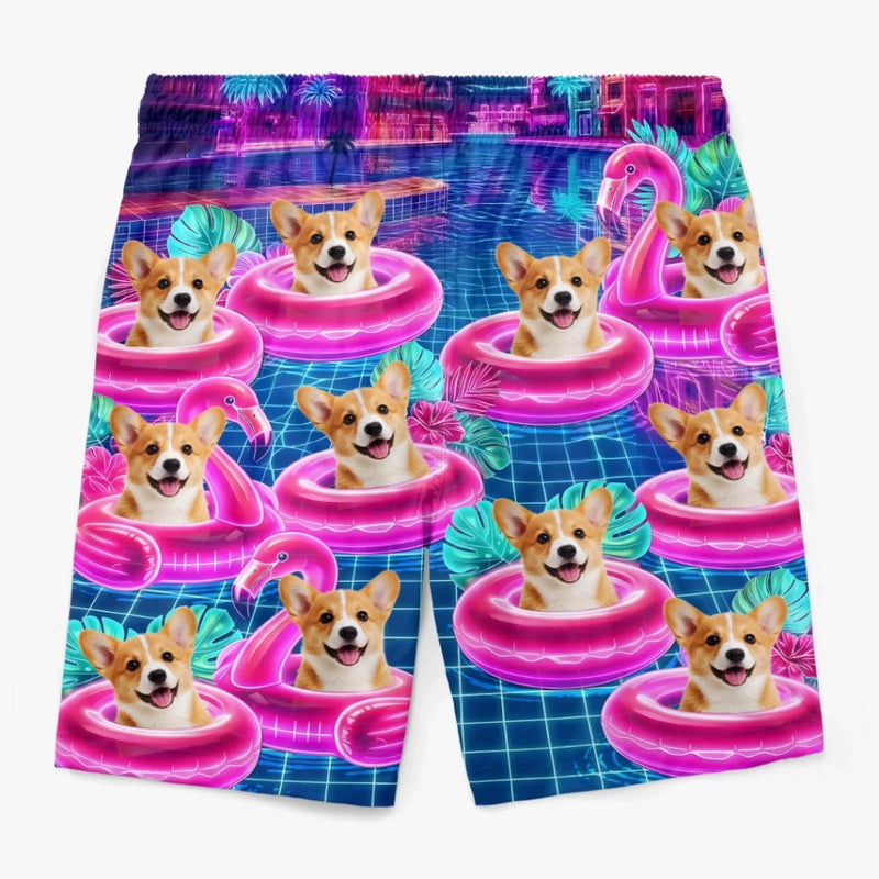 Custom Photo Tropical Hawaiian Aloha Men Beach Shorts - Personalized Summer Vacation And Travel Gifts For Dog Cat Lovers, Dog Dad And Mom, Cat Owners - Pups On Floating Paradise