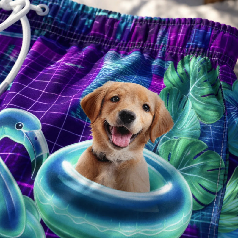Custom Photo Tropical Hawaiian Aloha Men Beach Shorts - Personalized Summer Vacation And Travel Gifts For Dog Cat Lovers, Dog Dad And Mom, Cat Owners - Pups On Floating Paradise