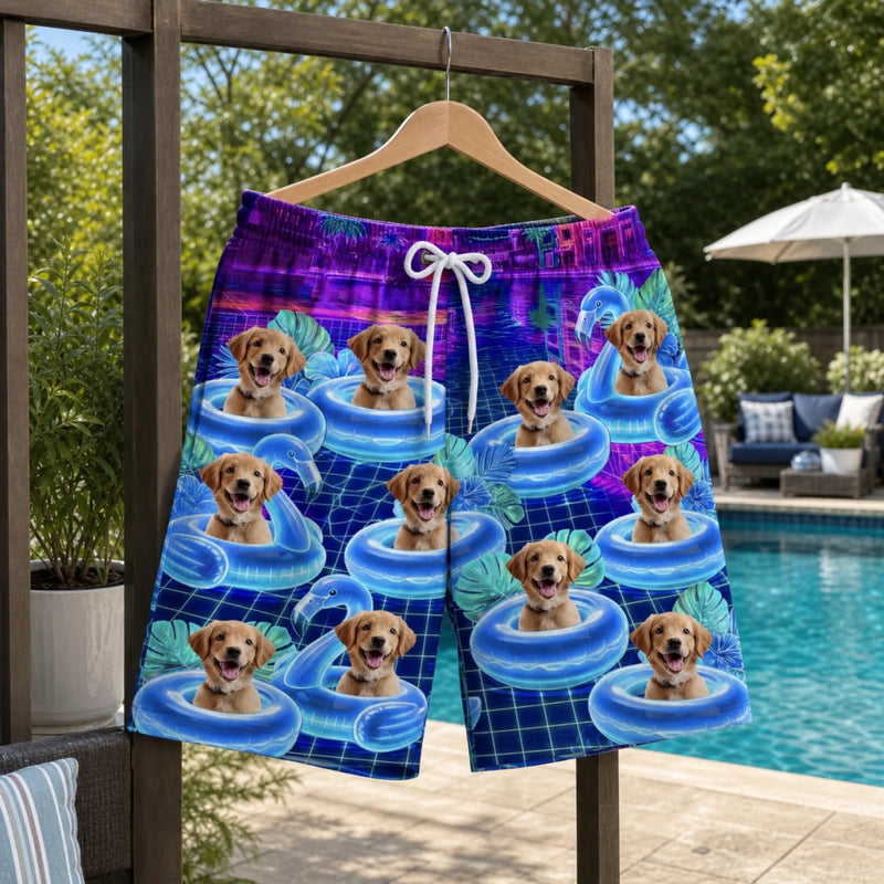 Custom Photo Tropical Hawaiian Aloha Men Beach Shorts - Personalized Summer Vacation And Travel Gifts For Dog Cat Lovers, Dog Dad And Mom, Cat Owners - Pups On Floating Paradise
