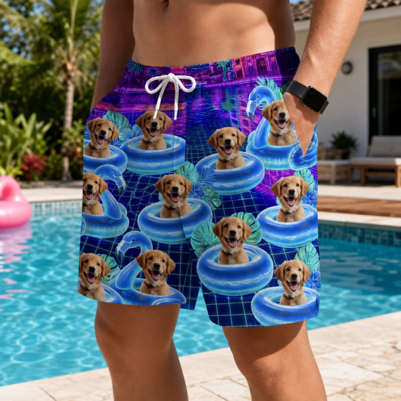 Custom Photo Tropical Hawaiian Aloha Men Beach Shorts - Personalized Summer Vacation And Travel Gifts For Dog Cat Lovers, Dog Dad And Mom, Cat Owners - Pups On Floating Paradise