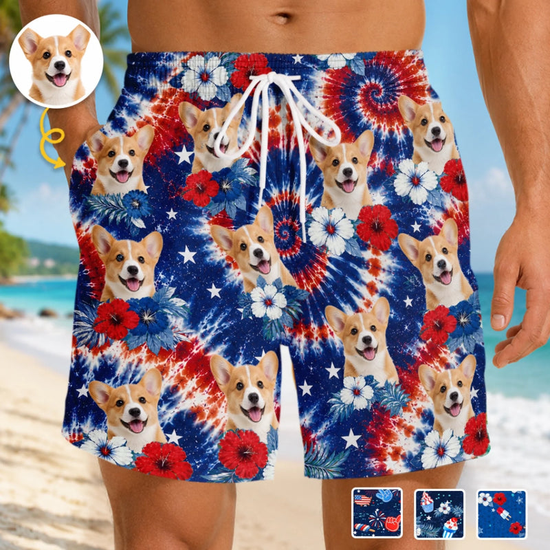 Custom Photo Tropical Hawaiian Aloha Men Beach Shorts - Personalized Summer Vacation And Travel Gifts For Dog Cat Lovers, Dog Dad And Mom, Cat Owners - American Pawtriot