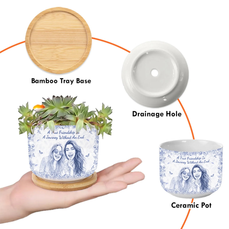 Custom Photo Home Decor Ceramic Plant Pot - Personalized Best Friend Birthday Gifts For Women, Besties, Sisters, BFF - A Beautiful Friendship Blooms