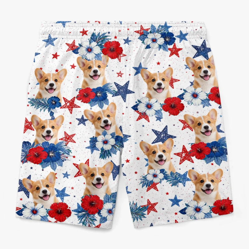 Custom Photo Tropical Hawaiian Aloha Men Beach Shorts - Personalized Summer Vacation And Travel Gifts For Dog Cat Lovers, Dog Dad And Mom, Cat Owners - Red, White & Woof