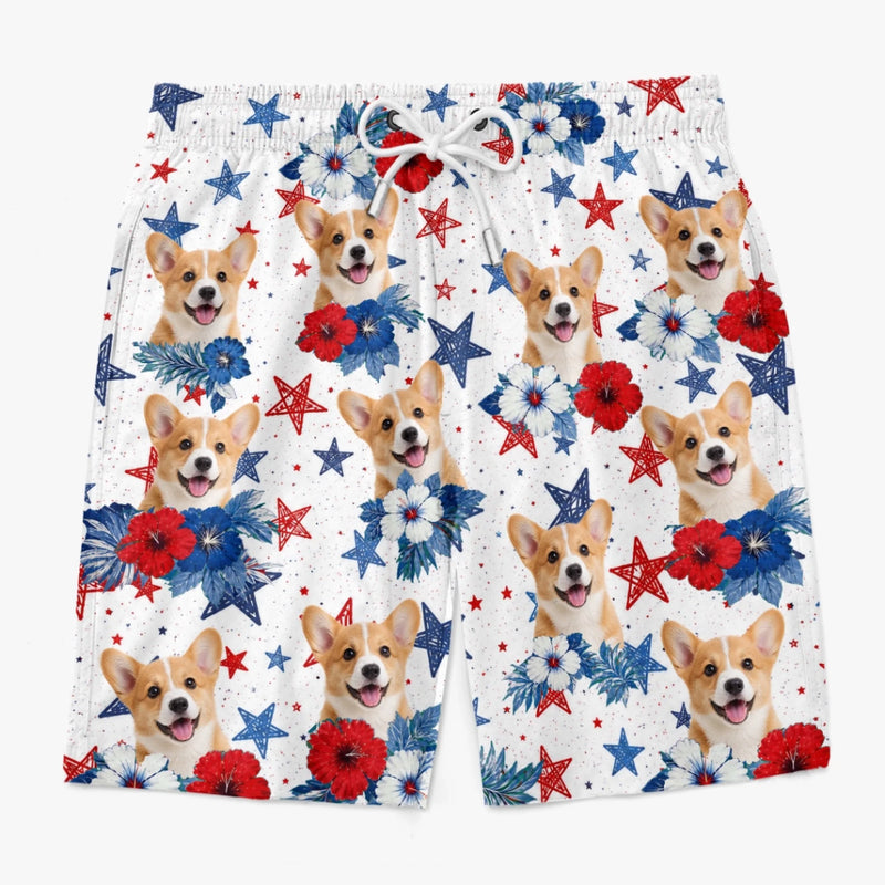 Custom Photo Tropical Hawaiian Aloha Men Beach Shorts - Personalized Summer Vacation And Travel Gifts For Dog Cat Lovers, Dog Dad And Mom, Cat Owners - Red, White & Woof