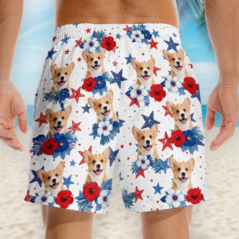 Custom Photo Tropical Hawaiian Aloha Men Beach Shorts - Personalized Summer Vacation And Travel Gifts For Dog Cat Lovers, Dog Dad And Mom, Cat Owners - Red, White & Woof