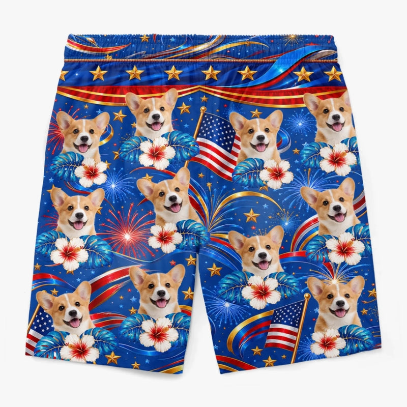 Custom Photo Tropical Hawaiian Aloha Men Beach Shorts - Personalized Summer Vacation And Travel Gifts For Dog Cat Lovers, Dog Dad And Mom, Cat Owners - Patriotic Pup Paradise