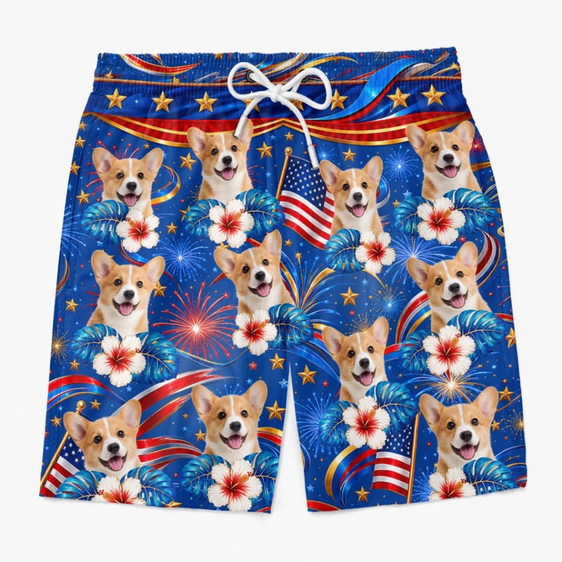Custom Photo Tropical Hawaiian Aloha Men Beach Shorts - Personalized Summer Vacation And Travel Gifts For Dog Cat Lovers, Dog Dad And Mom, Cat Owners - Patriotic Pup Paradise