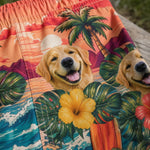 Custom Photo Funny Caricature Tropical Hawaiian Aloha Men Beach Shorts - Personalized Summer Vacation And Travel Gifts For Dog Cat Lovers, Dog Dad And Mom, Cat Owners - Palm Trees And Puppy Breeze