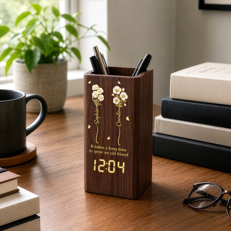 Custom Pen Holder With Clock - Personalized Best Friend Birthday Gifts For Women, Besties, Sisters, BFF - Blessed With True Sisterhood