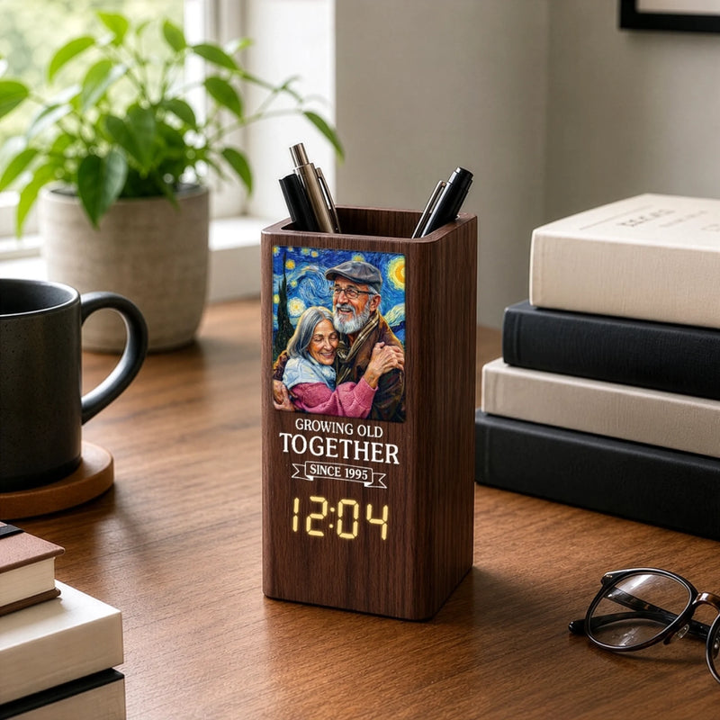 Custom Photo Pen Holder With Clock - Personalized Anniversary Wedding Gifts For Husband And Wife, Him And Her - Loving You Through Every Second