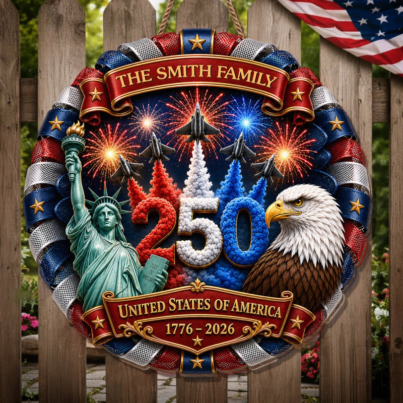 Custom Wood Sign - Personalized America 250th Anniversary Gifts For Mom, Dad, Brother, Sister, Kids - One Nation, One Family, One Home