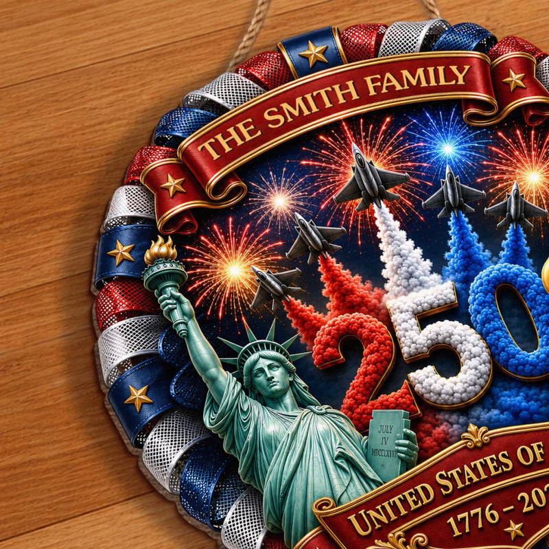 Custom Wood Sign - Personalized America 250th Anniversary Gifts For Mom, Dad, Brother, Sister, Kids - One Nation, One Family, One Home