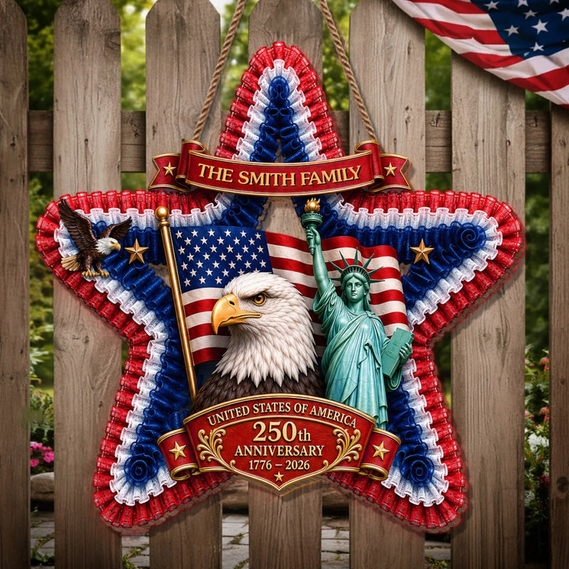 Custom Wood Sign - Personalized America 250th Anniversary Gifts For Mom, Dad, Brother, Sister, Kids - Land Of Liberty, Heart Of Home