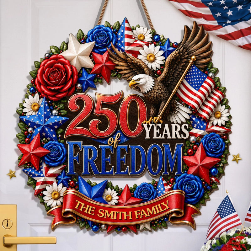 Custom Wood Sign - Personalized America 250th Anniversary Gifts For Mom, Dad, Brother, Sister, Kids - Home Of The Free And Brave