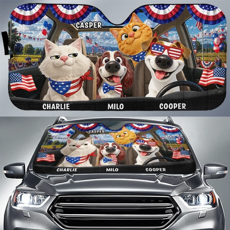 Custom Auto Windshield Sunshade, Car Window Protector - Personalized 4th Of July Gifts For Dog Cat Lovers, Dog Dad And Mom, Cat Owners - Stars, Stripes & Paw Prints