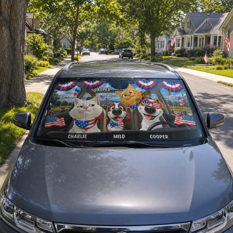Custom Auto Windshield Sunshade, Car Window Protector - Personalized 4th Of July Gifts For Dog Cat Lovers, Dog Dad And Mom, Cat Owners - Stars, Stripes & Paw Prints
