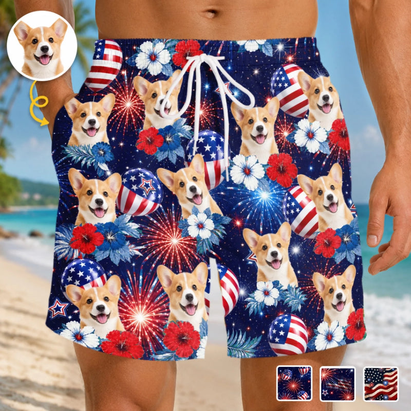 Custom Photo Tropical Hawaiian Aloha Men Beach Shorts - Personalized Summer Vacation And Travel Gifts For Dog Cat Lovers, Dog Dad And Mom, Cat Owners - Sunny Paws And Freedom
