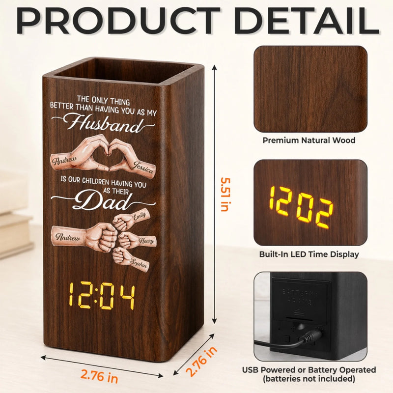 Custom Pen Holder With Clock - Personalized Father's Day Birthday Gifts For Dad, Grandpa, Husband - Forever Thankful For Your Love