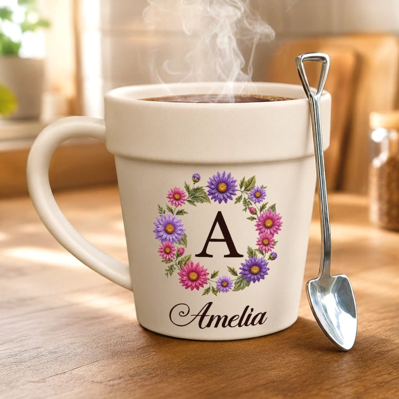 Custom Plant Pot Ceramic Mug - Personalized Birthday Garden Gifts For Gardeners - My Name, My Blooming Wreath