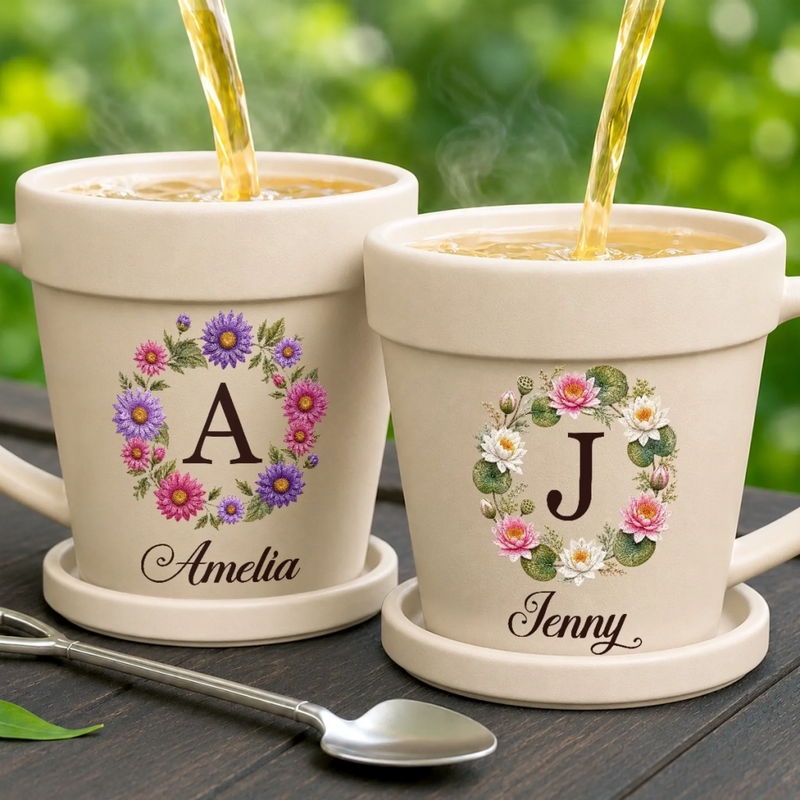 Custom Plant Pot Ceramic Mug - Personalized Birthday Garden Gifts For Gardeners - My Name, My Blooming Wreath