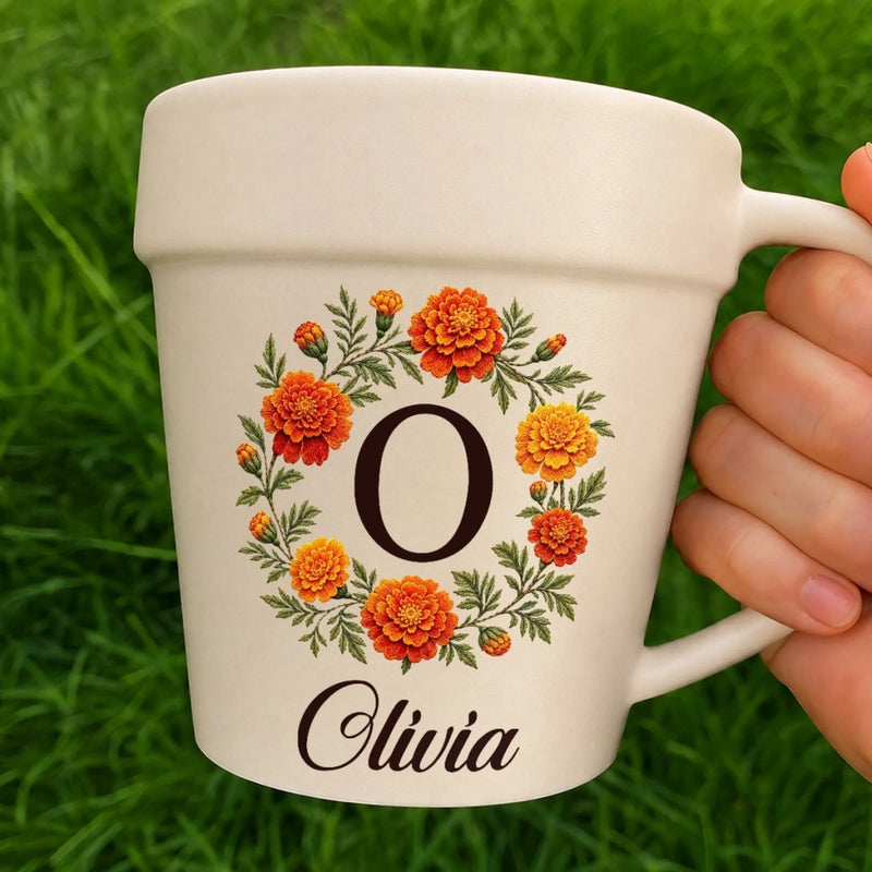 Custom Plant Pot Ceramic Mug - Personalized Birthday Garden Gifts For Gardeners - My Name, My Blooming Wreath