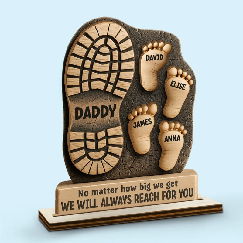 Following In Your Footsteps - Family Personalized Custom Shaped 2-Layered Wooden Plaque With Flat Stand - Father's Day, House Warming Gift For Dad, Grandpa