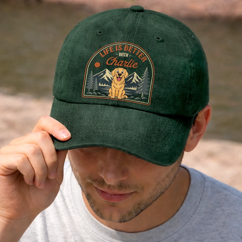 Custom Vintage Washed Denim Baseball Cap - Personalized Father's Day Gifts For Dog Lovers, Dog Dad And Mom - Paw Prints & Mountain Trips
