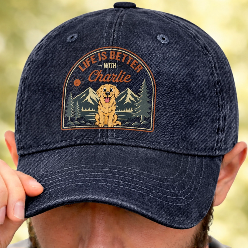 Custom Vintage Washed Denim Baseball Cap - Personalized Father's Day Gifts For Dog Lovers, Dog Dad And Mom - Paw Prints & Mountain Trips