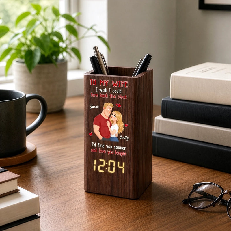 Custom Pen Holder With Clock - Personalized Anniversary Wedding Gifts For Husband And Wife, Him And Her - I'd Choose You Again And Again