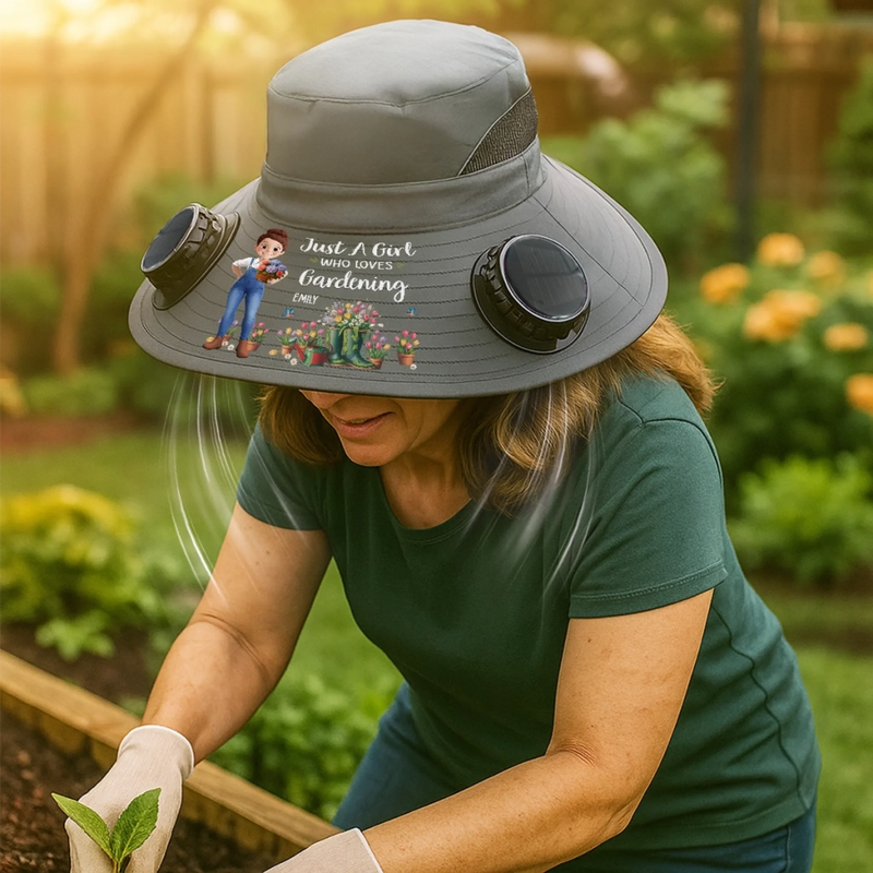Custom Hat With Fans Solar Power - Personalized Birthday Garden Gifts For Gardeners - Her Happy, Blooming Green World