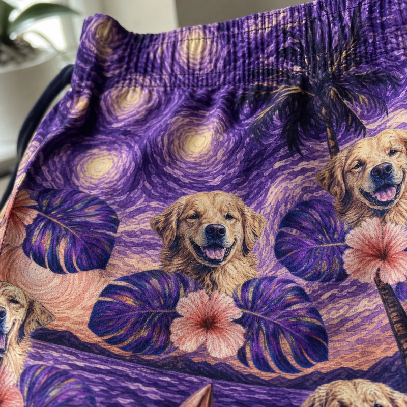 Custom Photo Tropical Hawaiian Aloha Men Beach Shorts - Personalized Summer Vacation And Travel Gifts For Dog Cat Lovers, Dog Dad And Mom, Cat Owners - Starry Nights, Puppy Days