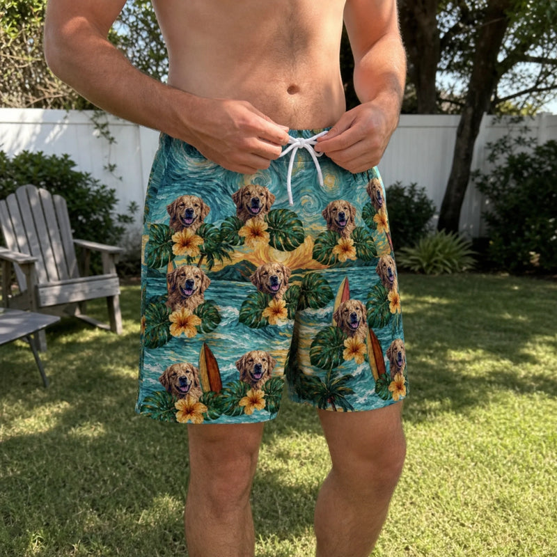 Custom Photo Tropical Hawaiian Aloha Men Beach Shorts - Personalized Summer Vacation And Travel Gifts For Dog Cat Lovers, Dog Dad And Mom, Cat Owners - Starry Nights, Puppy Days