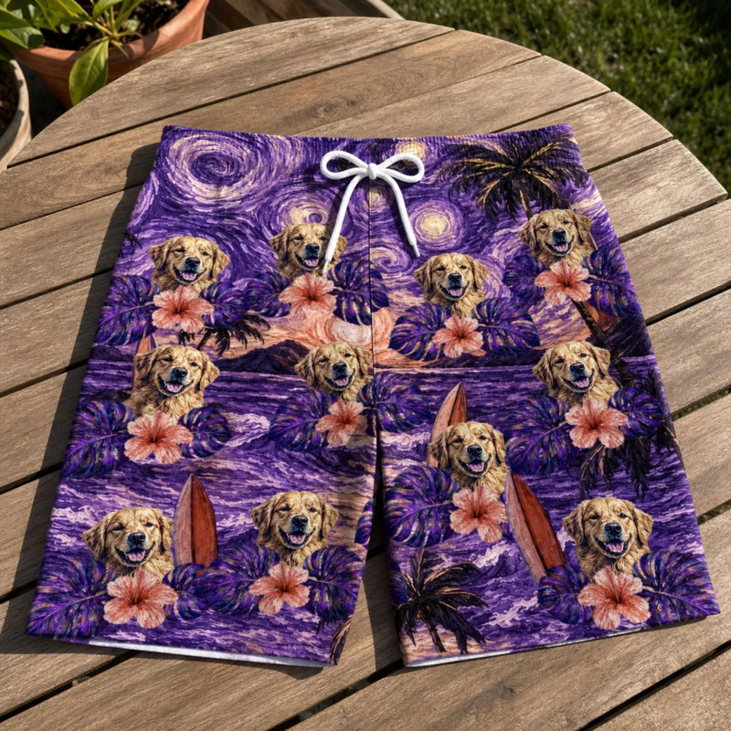 Custom Photo Tropical Hawaiian Aloha Men Beach Shorts - Personalized Summer Vacation And Travel Gifts For Dog Cat Lovers, Dog Dad And Mom, Cat Owners - Starry Nights, Puppy Days